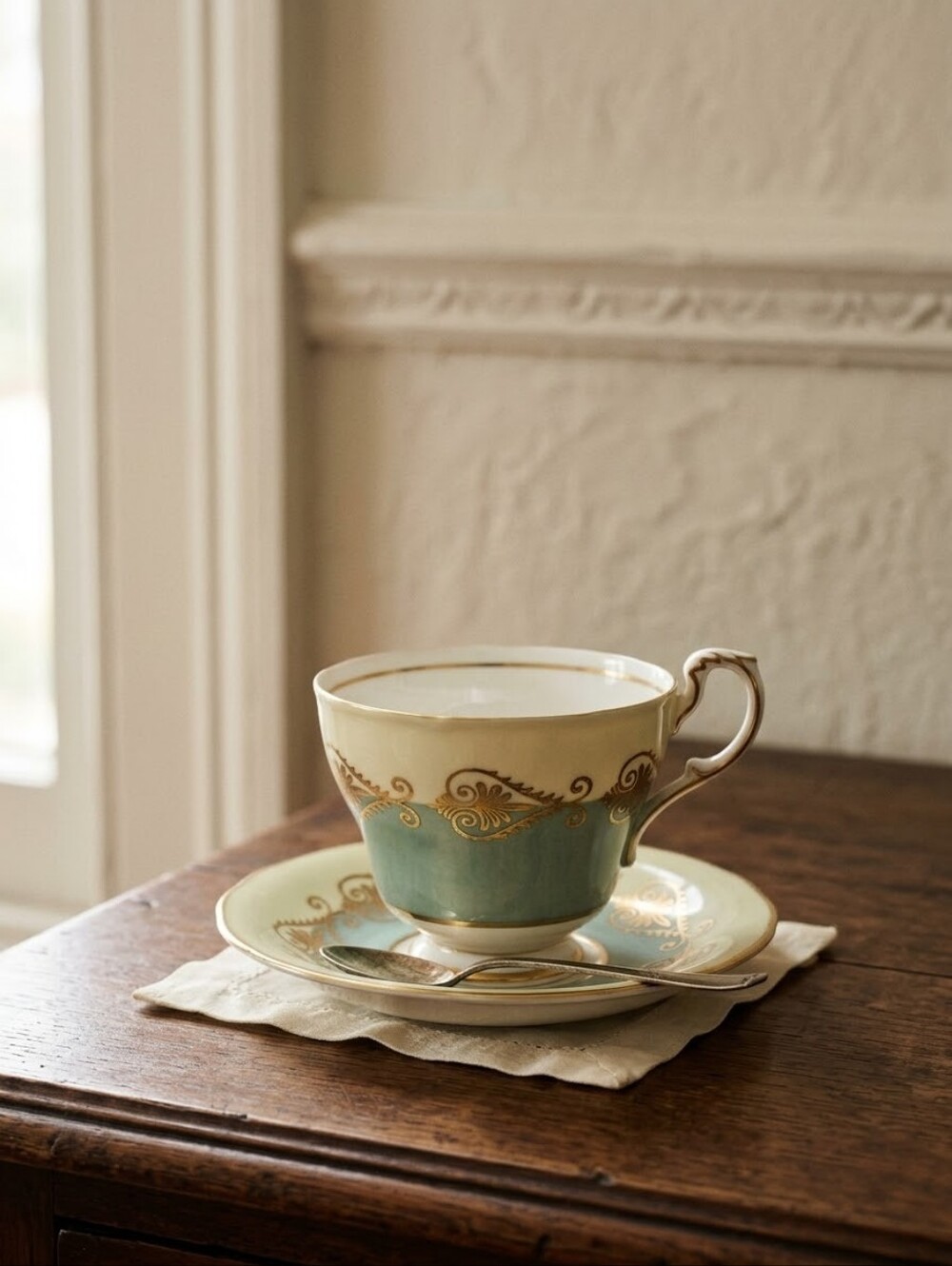 Vintage Paragon Tea Cup and Saucer Set Pastel Yellow & Mint With Gold Gilding